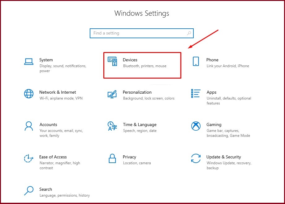 Trong cửa sổ "Windows Settings", chọn "Devices".